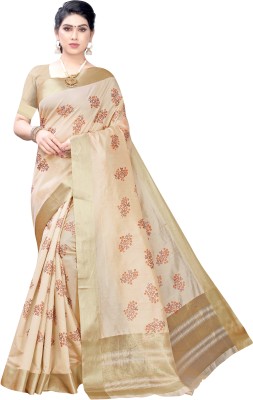 Nirvaan Printed, Digital Print, Woven Mysore Cotton Silk Saree(Cream, Orange)