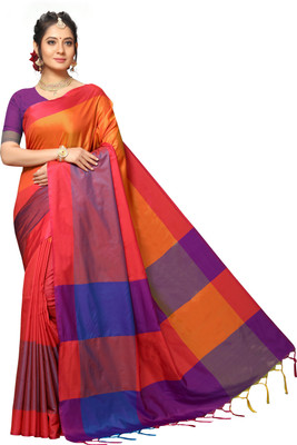 RekhaManiyar Checkered Handloom Silk Blend Saree(Orange)