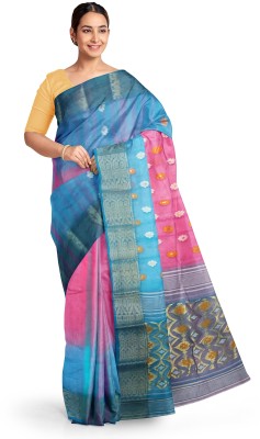 Pradip Fabrics Woven Tant Silk Blend Saree(Light Blue, Pink)