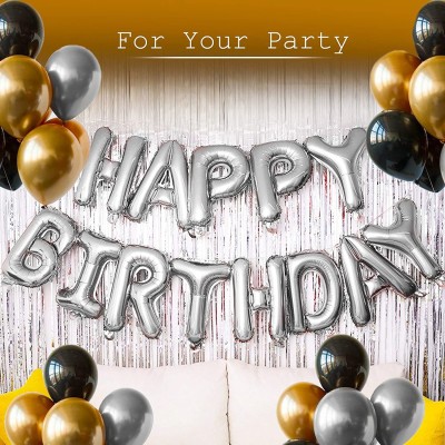 Banner Happy birthday silver foil with 30 pcs black ,silver and gold metallic balloons for decoration combo(Set of 31)