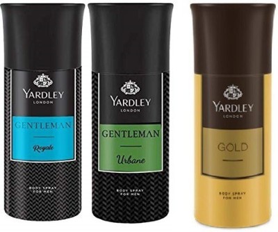 Yardley London 1 Gold, 1 Gentleman Royale and 1 Urbane body spray 150 ml each (Pack of 3) Body Spray  -  For Men & Women(450 ml, Pack of 3)