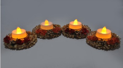 Sharda Creations Designer T-Light Holder Diya Set with 4 Electric Candles for Diwali and Festive Decor Iron (Pack of 4) Table Diya Set(Height: 2 inch)