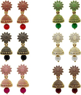 Aadiyatri Traditional Golden Fancy Jhumke Earrings Combo for Womens (Set of 6) - Wedding Party Wear Multicolor Small Jhumki Ear Rings Pack for Ladies Beads Brass Jhumki Earring