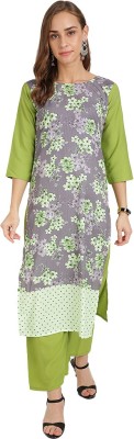 Suali Women Floral Print Straight Kurta(Green, Grey)