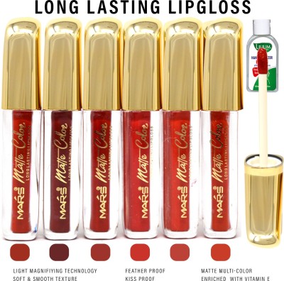 MARS Matte Color Long Lasting Lipgloss, 70026B, 3ml each Pack of 6 With Lilium Hand Cleanser(3 ml, Wine, Rose, Red, Hot Red, Apple Red, Coral Red)