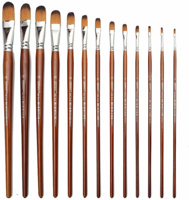 THR3E STROKES WORISON Long Handle Filbert Paint Brushes SYNTHETIC HAIR (Set of 13, Brown)(Set of 13, Brown)