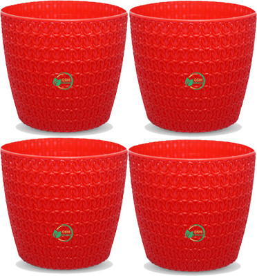 Oshi Greens 5 inches red color table top small flower pots planter Plant Container Set(Pack of 4, Plastic)