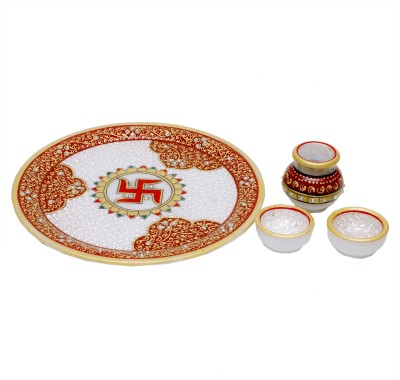 Anjali Arts 9 Inch Designers Decorative Marble Pooja Thali | Round Shape Handicraft Home Decor Puja Plate Set with Meenakari Work for Home and Office Marble(4 Pieces, White)