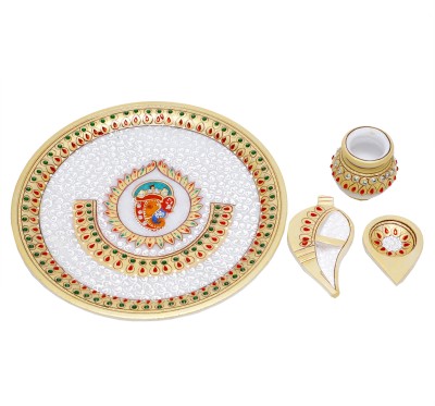 Anjali Arts 9 Inch Designers Decorative Marble Pooja Thali | Round Shape Handicraft Home Decor Unique Puja Plate Set with Golden Meenakari Work for Home and Office Marble(4 Pieces, White)