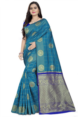 Arriva Fab Self Design Banarasi Cotton Blend Saree(Blue)