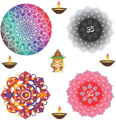 Creatick Studio 30 cm Floral Rangoli Combo Sticker for Diwali with Decorative Kalash and Diyas _AS578 Self Adhesive Sticker(Pack of 1)