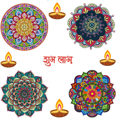 Creatick Studio 30 cm Floral Rangoli Combo Sticker for Diwali with Diyas and Shubh Labh _AS588 Self Adhesive Sticker(Pack of 1)