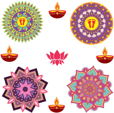 Creatick Studio 30 cm Floral Rangoli Combo Sticker for Diwali with Diyas and Lotus _AS553 Self Adhesive Sticker(Pack of 1)