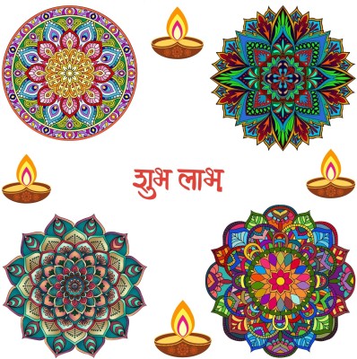 Sticker Hub 30 cm Floral Rangoli Sticker for Diwali with Diyas and Shubh Labh _AS587 Self Adhesive Sticker(Pack of 1)