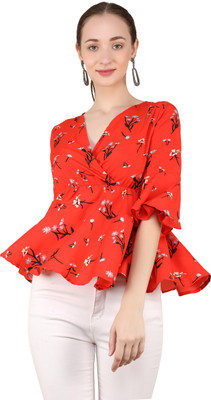Emeros Casual Half Sleeve Printed Women Orange, Black Top