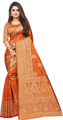 FINE WEAR Woven Banarasi Cotton Silk Saree(Orange)