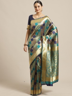 Ratnavati Woven, Embellished, Checkered Banarasi Silk Blend Saree(Dark Blue, Light Green)