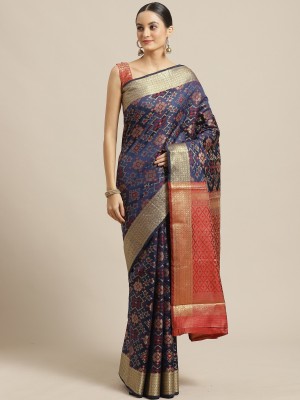 Ratnavati Geometric Print, Woven, Embellished Banarasi Silk Blend Saree(Dark Blue)