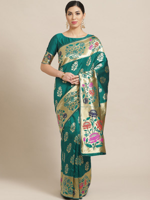 Ratnavati Woven, Embellished Banarasi Silk Blend Saree(Green)