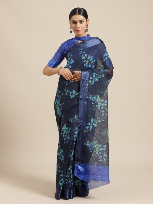 Ratnavati Printed, Floral Print Daily Wear Cotton Blend Saree(Dark Blue)