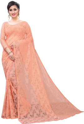 MAA ENTERPRISE Solid/Plain, Embellished, Self Design, Dyed, Woven Bollywood Net, Art Silk Saree(Orange)