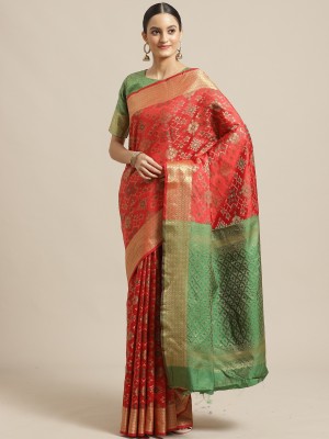 Ratnavati Geometric Print, Woven, Embellished Banarasi Silk Blend Saree(Red)