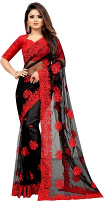 PARAMPARA DESIGNER Embroidered Bollywood Net Saree(Red, Black)