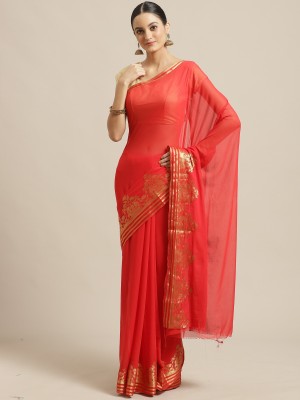 Ratnavati Woven, Embellished, Animal Print Bollywood Chiffon Saree(Red)