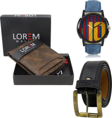 LOREM Belt, Wallet & Watch Combo(Brown, Black, Blue)