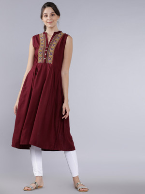 Vishudh Women A-line Maroon Midi/Calf Length Dress
