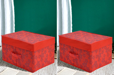 KUBER INDUSTRIES Designer Metallic Print Non Woven 2 Pieces Fabric Foldable Saree Cover Foldable Large Size Cloth Storage Box Toy,Books Wardrobe Organiser Box With Lid, Extra Large (Red) KUBMART02406(Red)
