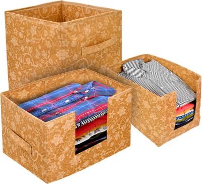 KUBER INDUSTRIES Designer Metalic Print Non-Woven Cloth Storage Boxes Organizer for Wardrobe Set Of 3 (1 Saree Stacker,1 Shirt Stacker,1 Cube,Brown) KUBMART02512(Brown)
