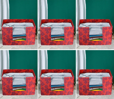 KUBER INDUSTRIES Designer Metalic Print Non-Woven Fabric 6 Pieces Foldable Cloth Storage Boxes Organizer for Wardrobe With Handle (Red) KUBMART02499(Red)