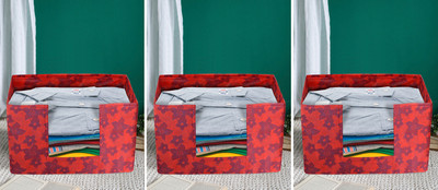 KUBER INDUSTRIES Designer Metalic Print Non-Woven Fabric 3 Pieces Foldable Cloth Storage Boxes Organizer for Wardrobe With Handle (Red) KUBMART02495(Red)