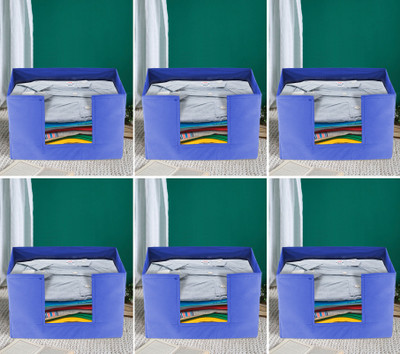 KUBER INDUSTRIES Designer Non-Woven Fabric 6 Pieces Foldable Cloth Storage Boxes Organizer for Wardrobe With Handle (Royal Blue) KUBMART02469(Royal Blue)