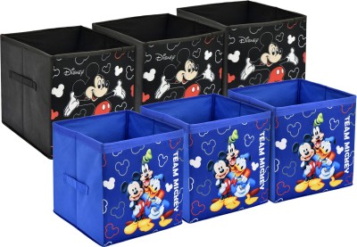 KUBER INDUSTRIES Designer Disney Print Non Woven Fabric 6 Pieces Foldable Large Size Cloth Storage Box Toy,Books Wardrobe Organiser Cube With Handle (Black & Royal Blue) KUBMART02388(Black & Royal Blue)