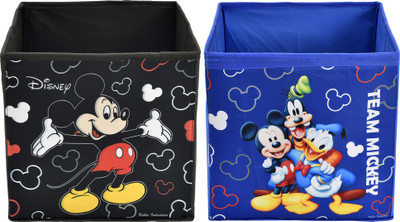 KUBER INDUSTRIES Designer Disney Print Non Woven Fabric 2 Pieces Foldable Large Size Cloth Storage Box Toy,Books Wardrobe Organiser Cube With Handle (Black & Royal Blue) KUBMART02356(Black & Royal Blue)