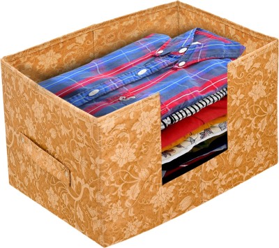 KUBER INDUSTRIES Designer Metalic Print Non-Woven Fabric Foldable Cloth Storage Boxes Organizer for Wardrobe With Handle (Beige) KUBMART02501(Beige)