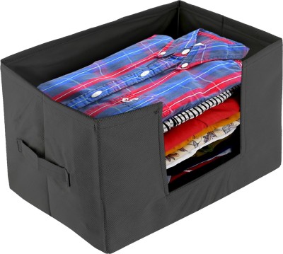 KUBER INDUSTRIES Designer Non-Woven Fabric Foldable Cloth Storage Boxes Organizer for Wardrobe With Handle (Black) KUBMART02441(Black)