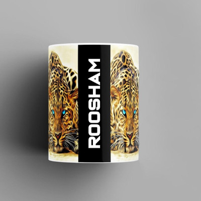 Beautum Name Printed Roosham Cheetah Design White Ceramic (350) ml. Model No:BMNAT017872 Ceramic Coffee Mug(350 ml)
