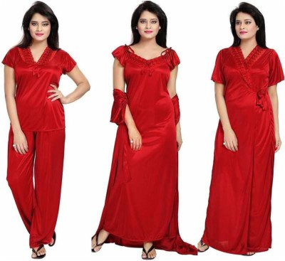 onms Women Solid Red Night Suit Set