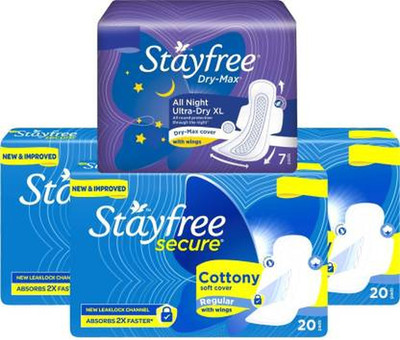 STAYFREE Secure Cottony Soft Regular 60 Pads with Dry Max XL All Night 7 Pads Sanitary Pad (Pack of 67) Sanitary Pad(Pack of 67)