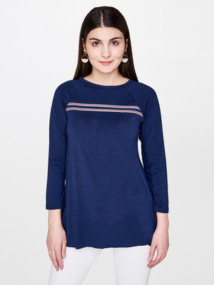 AND Casual 3/4 Sleeve Striped Women Dark Blue Top
