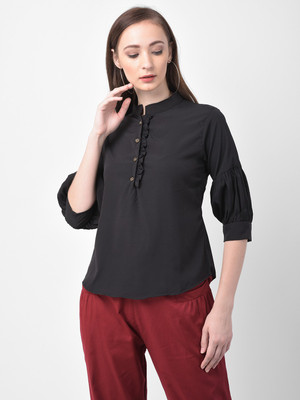 LATA'S Casual Puff Sleeve Solid Women Black Top