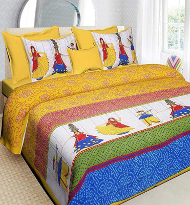PVB 120 TC Cotton Double Jaipuri Prints Flat Bedsheet(Pack of 1, Yellow)