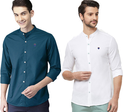 FUBAR Men Solid Casual Dark Blue, White Shirt(Pack of 2)