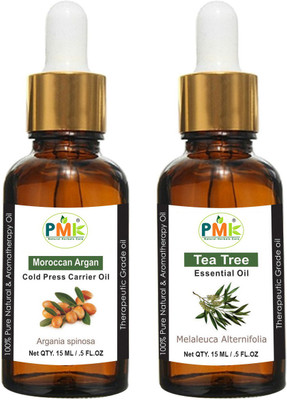 PMK Pure Natural Argan Cold Pressed Oil and Tea Tree Essential Oil (Each 15 ML)(2 Items in the set)