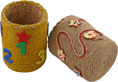 grow 2 Compartments Jute Pen Stand(Yellow, Brown)