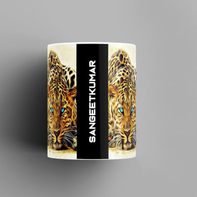 Beautum Name Printed SangeetKumar Cheetah Design White Ceramic (350) ml. Model No:BMNAT018808 Ceramic Coffee Mug(350 ml)