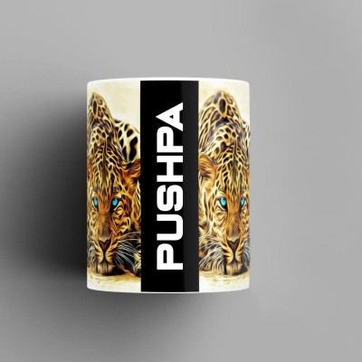 Beautum Name Printed Pushpa Cheetah Design White Ceramic (350) ml. Model No:BMNAT016367 Ceramic Coffee Mug(350 ml)